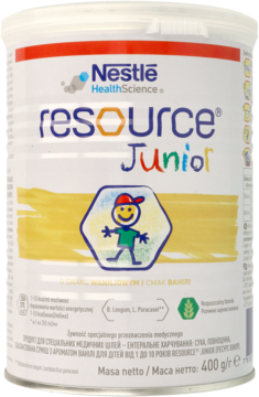 Nestle Resource Junior, preparat odżywczy waniliowy, 400g, w białej puszce z rysunkiem dziecka, widok z przodu.