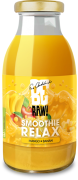 Żółty smoothie Be Raw! RELAX mango-banana w szklanej butelce z etykietą owoców, widok frontalny.