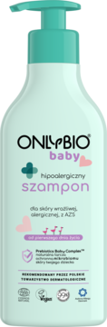 ONLYBIO Baby szampon hipoalergiczny w jasnoturkusowej butelce z pompką, dla skóry wrażliwej, widok z przodu.