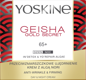 Yoskine Geisha Gold Secret 65+ krem przeciwzmarszczkowy z algą Nori, widok frontu złoto-białego opakowania.