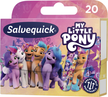 Salvequick My Little Pony plastry w różowym pudełku, z bohaterami bajki i napisem 20 sztuk, widok z przodu.