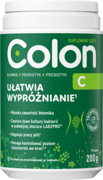 Suplement diety Colon C w zielonym pojemniku, widok z przodu. Ułatwia wypróżnianie, zawiera błonnik, probiotyki, prebiotyki, 200g.