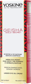 YOSKINE Geisha Gold Secret Under Eye Oil Cream z herbatą Matcha w białym pudełku z czerwonymi paskami, widok z przodu.