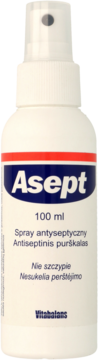 Asept Spray antyseptyczny 100ml, biała butelka z niebieskim napisem, widok przodem, nie szczypie.