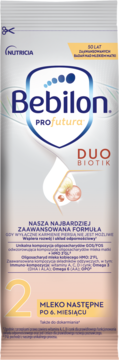 Bebilon Profutura DUOBIOTIK 2, mleko następne po 6. miesiącu w biało-fioletowej saszetce, widok z przodu.