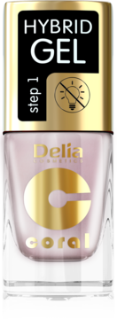 Lakier Delia Hybrid Gel Coral step 1, jasnoróżowy, w butelce ze złotą nakrętką, bez lampy UV, widok z przodu.