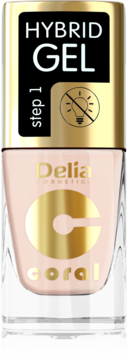 Lakier do paznokci Delia Hybrid Gel step 1, kolor coral, w przeźroczystej butelce ze złotą nakrętką. Bez lampy UV.