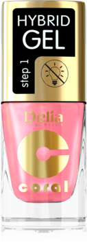 Delia Hybrid Gel lakier do paznokci Coral, krok 1, w przezroczystej buteleczce, złote wieczko, widok z przodu.