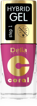Lakier do paznokci Delia Hybrid Gel step 1, intensywny koralowy odcień, bez lampy UV, w pionowej butelce.