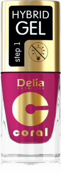 Lakier Delia Hybrid Gel Coral, jasno różowa butelka z złotą nakrętką, bez lampy UV, krok 1, widok z przodu.