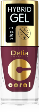 Lakier do paznokci Delia Hybrid Gel Step 1 w butelce, kolor koralowy, bez lampy UV, widok z przodu.