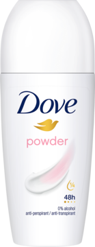Biały antyperspirant Dove Powder 48h roll-on, z przodu, z różowym napisem i grafiką kremu 1/4.