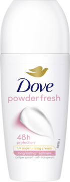 Antyperspirant Dove Powder Fresh w białej kulce, widok z przodu, z napisem 48h ochrona i kremowym wzorem.