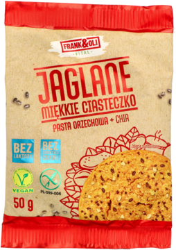 Beżowa torebka Frank & Oli Jaglane miękkie ciasteczko: pasta orzechowa + chia, 50g, bezglutenowe.