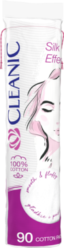 Cleanic Silk Effect płatki kosmetyczne, 90 sztuk, 100% bawełny, białe opakowanie z różowymi napisami.