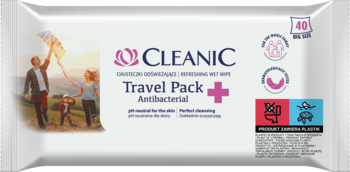 Cleanic Travel Pack Antibacterial chusteczki nawilżane 40 szt., białe opakowanie z różowym krzyżem, widok z przodu.