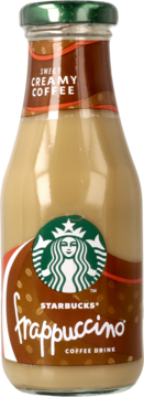 Starbucks Frappuccino Sweet Creamy Coffee, szklana butelka z beżowym napojem i zieloną nakrętką, z przodu.