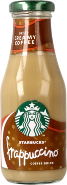 Starbucks Frappuccino Sweet Creamy Coffee, szklana butelka z beżowym napojem i zieloną nakrętką, z przodu.