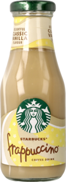 Starbucks Frappuccino Classic Vanilla, kawowy napój mleczny w szklanej butelce, widok z przodu.