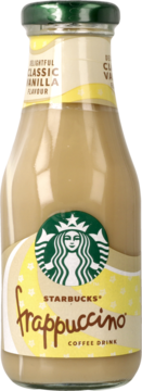 Starbucks Frappuccino Classic Vanilla, kawowy napój mleczny w szklanej butelce, widok z przodu.
