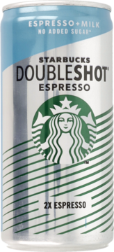 Srebrna puszka Starbucks Doubleshot Espresso+Milk, bez dodatku cukru, zielone logo syreny, przód.