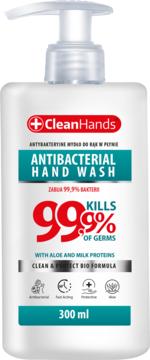 Clean Hands Antibacterial Hand Wash, biała butelka z pompką. Widok z przodu, zabija 99.9% zarazków, zawiera aloes.