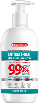 Biała butelka CleanHands Antibacterial Hand Wash Peony Cotton z pompką, widok z przodu, zabija 99,9% bakterii.