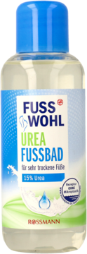 Fusswohl Urea Fussbad 15% Urea dla suchych stóp, przezroczysta butelka z niebieską nakrętką, widok z przodu.