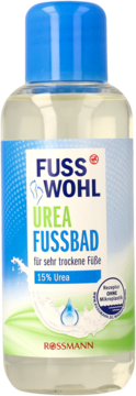 Fusswohl Urea Fussbad 15% Urea dla suchych stóp, przezroczysta butelka z niebieską nakrętką, widok z przodu.