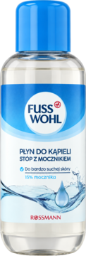 Fuss Wohl płyn do kąpieli stóp z 15% mocznika do bardzo suchej skóry, przezroczysta butelka z niebieską nakrętką, widok z przodu.