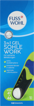 Niebieskie opakowanie wkładek żelowych Fuss Wohl 3w1 Sohle Work, rozm. 41-46, amortyzujące, widok z przodu.