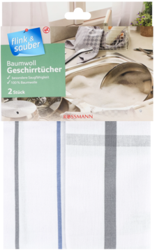 Dwie bawełniane ściereczki flink & sauber, białe w szare i niebieskie pasy, widok na opakowanie i materiał.