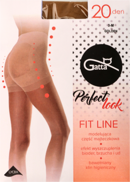 Białe opakowanie rajstop Gatta Perfect Look 20 den FIT LINE, z grafiką nóg i tekstem o wyszczupleniu.