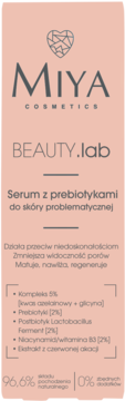 Miya Beauty.lab serum z prebiotykami do cery problematycznej, różowo-beżowa butelka, widok z przodu.
