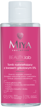 Różowy tonik Miya Beauty.lab rozświetlający z kwasem glikolowym 5%, pionowy widok z przodu, biała nakrętka.