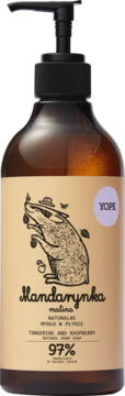 YOPE natural hand soap Tangerine & Raspberry, amber bottle with black pump and badger label, front view.