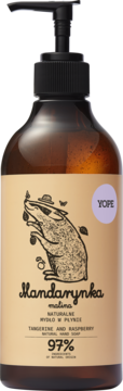YOPE natural hand soap Tangerine & Raspberry, amber bottle with black pump and badger label, front view.