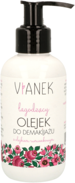 VPANEK łagodzący olejek do demakijażu z rumiankiem, biała butelka z czarną pompką, wzór róż, widok z przodu.