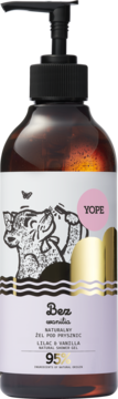 Yope Naturalny Żel pod Prysznic Lilac & Vanilla, brązowa butelka z pompką, na etykiecie grafika świnki.