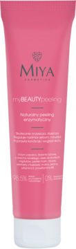 Różowa tubka Miya myBEAUTYpeeling, naturalny peeling enzymatyczny z białymi napisami, widok z przodu.
