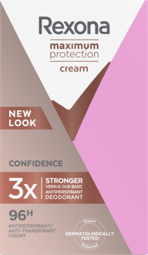 Rexona Maximum Protection Confidence 96h damski antyperspirant w kremie, opakowanie biało-różowe, widok z przodu.