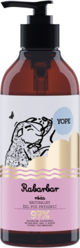 YOPE Naturalny żel pod prysznic Rabarbar, 97% naturalnych składników, brązowa butelka, widok z przodu.