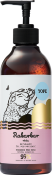 YOPE Naturalny Żel pod Prysznic Rabarbar i Róża, brązowa butelka z pompką, biało-różowa etykieta z borsukiem i złotym wzorem.