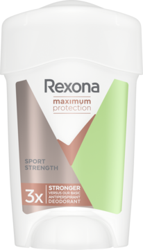 Biały antyperspirant Rexona Maximum Protection Sport Strength, sztyft z grafiką brąz-zieleń, widok z przodu.