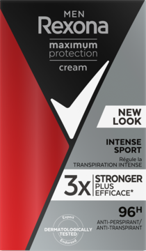 Rexona Men Maximum Protection Intense Sport antyperspirant w kremie 96h, szaro-czerwone opakowanie z przodu.
