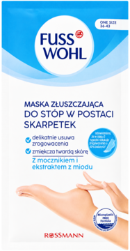 Biało-niebieskie opakowanie Fusswohl skarpetek złuszczających do stóp, z mocznikiem i miodem, widok przodem.
