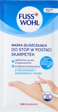 Fusswohl maska złuszczająca do stóp w skarpetkach, biało-niebieska saszetka z grafiką stóp, widok z przodu.