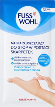 Fusswohl maska złuszczająca do stóp w skarpetkach, biało-niebieska saszetka z mocznikiem, widok z przodu.