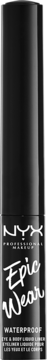 Czarny, wodoodporny eyeliner NYX Epic Wear w walcowej butelce, widok z przodu, białe napisy, matowe wykończenie.