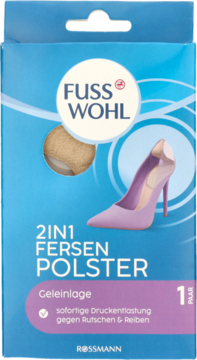 Fuss Wohl 2w1 Fersen Polster, niebiesko-fioletowe opakowanie wkładek żelowych, odciążające pięty.